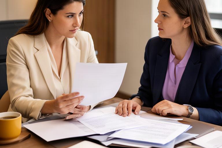 Abogada revisando documentación laboral con una clienta en una mesa de reuniones