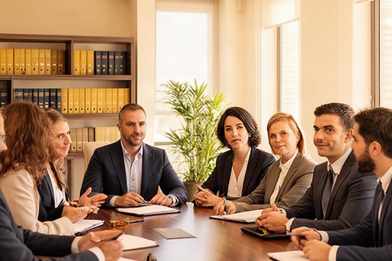 Equipo de abogados reunido en una sala luminosa de un despacho jurídico en Murcia