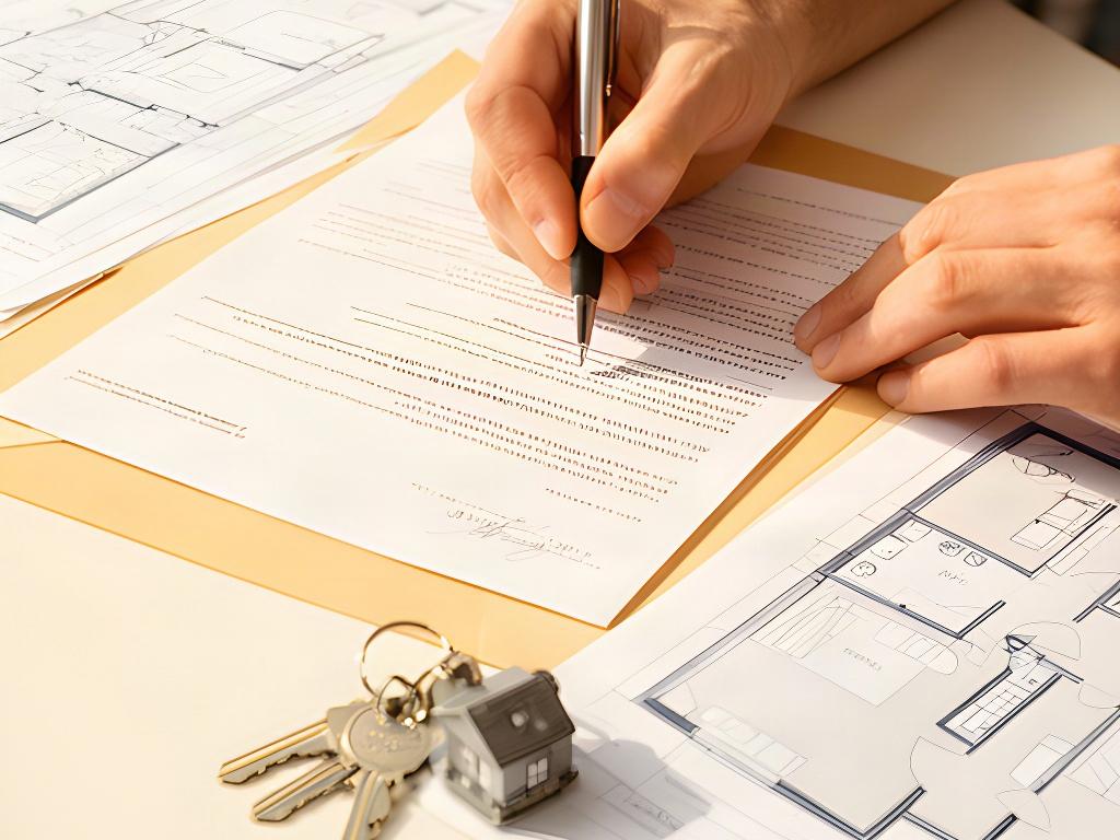 Manos firmando un contrato inmobiliario junto a planos de una vivienda y llaves sobre la mesa