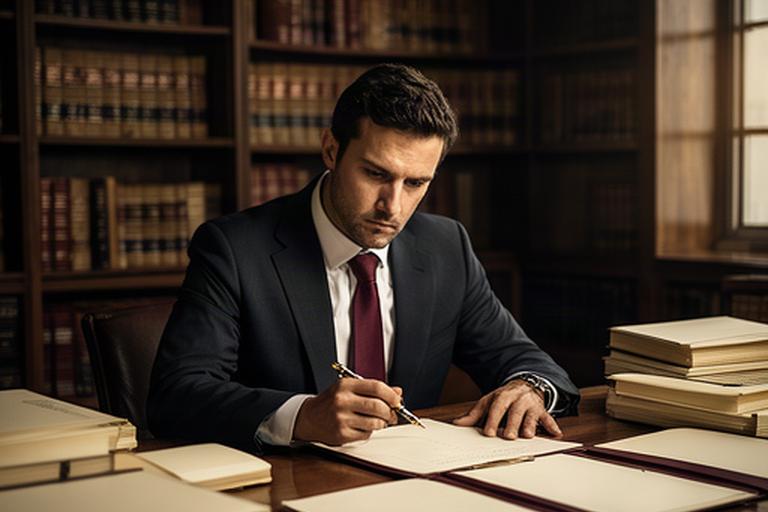 Abogado penalista preparando una defensa ante expedientes jurídicos en una biblioteca