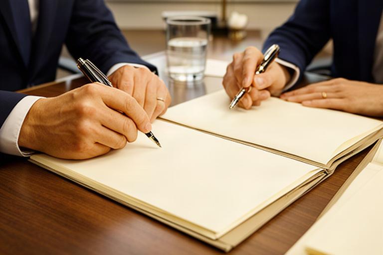 Dos personas firmando un contrato mercantil en una mesa de reunión con asesoramiento jurídico