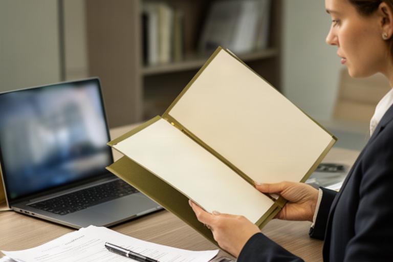 Abogada revisando una carpeta de documentos junto a una pantalla con textos legales