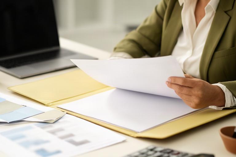 Asesor fiscal analizando una carpeta de documentos financieros en una oficina de Murcia