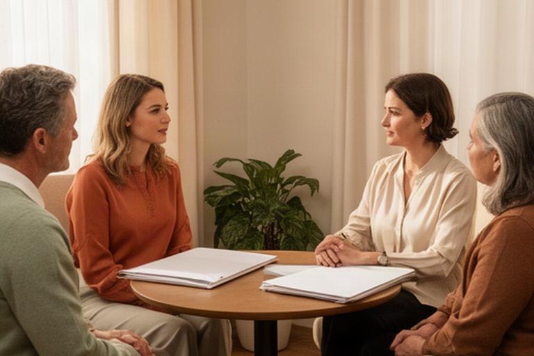 Familia reunida con su abogada en una consulta privada sobre custodia y herencia