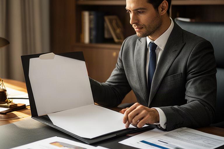 Abogado analizando un contrato mercantil junto a documentos empresariales en su despacho