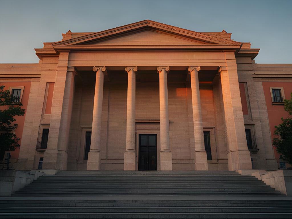 Fachada de un tribunal español al atardecer, con columnas y acceso principal