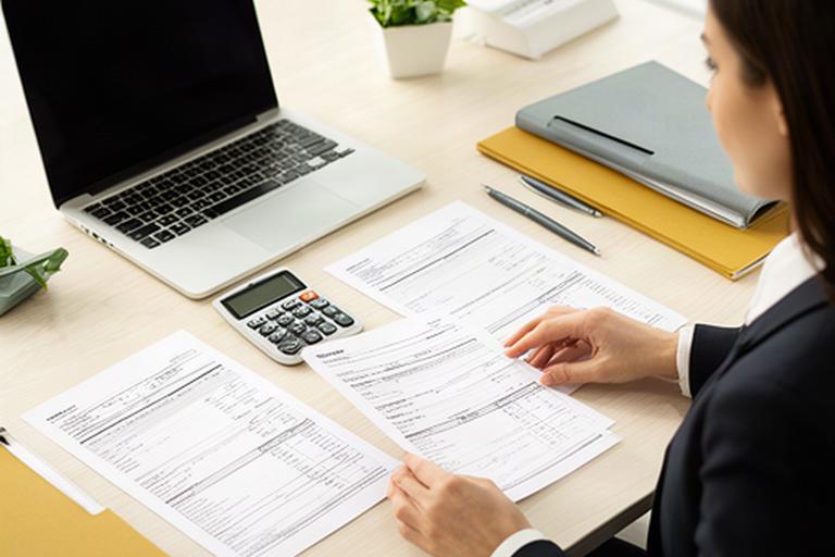Asesora jurídica analizando documentación fiscal y facturas en una mesa de trabajo