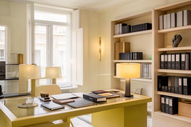Interior luminoso de un despacho jurídico con libros y documentos legales en Murcia
