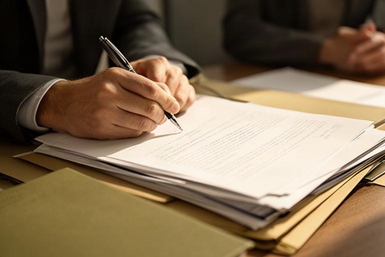 Profesional jurídica tomando notas durante una revisión de responsabilidades contractuales