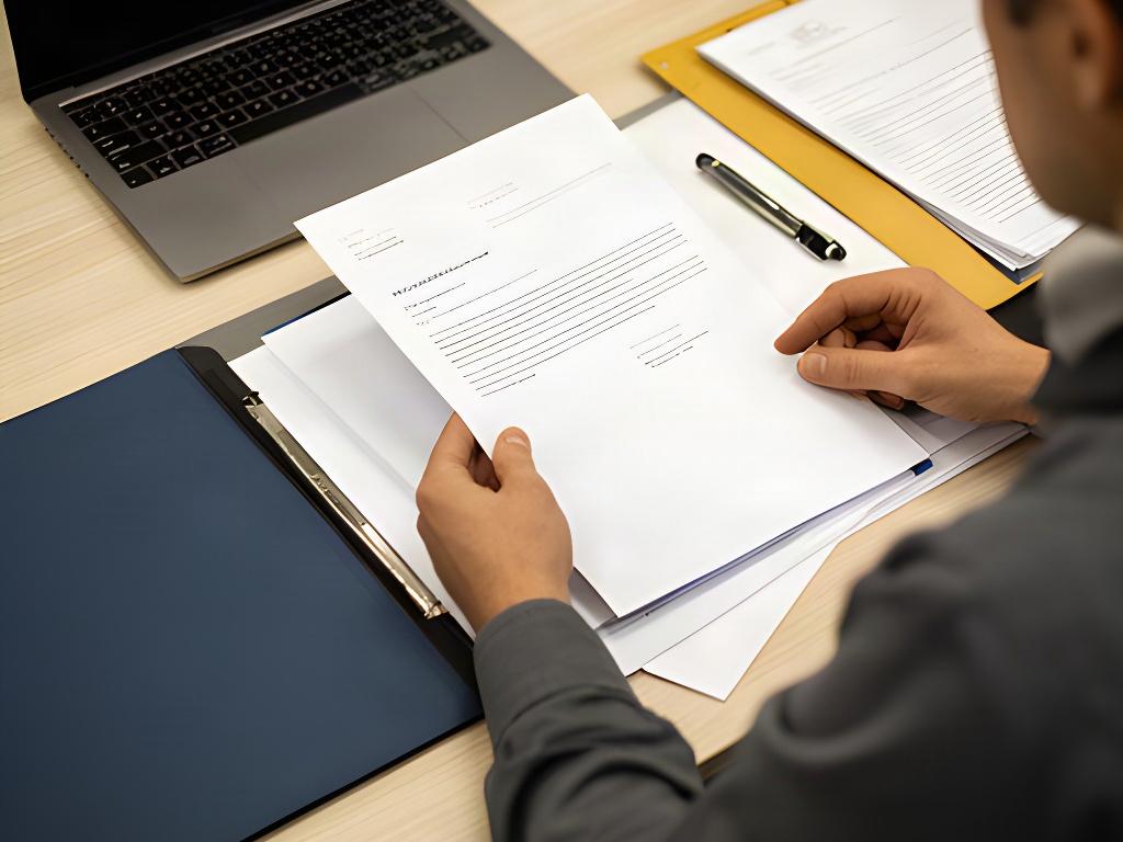 Trabajadora consultando una carta laboral y documentos de su expediente sobre una mesa de oficina