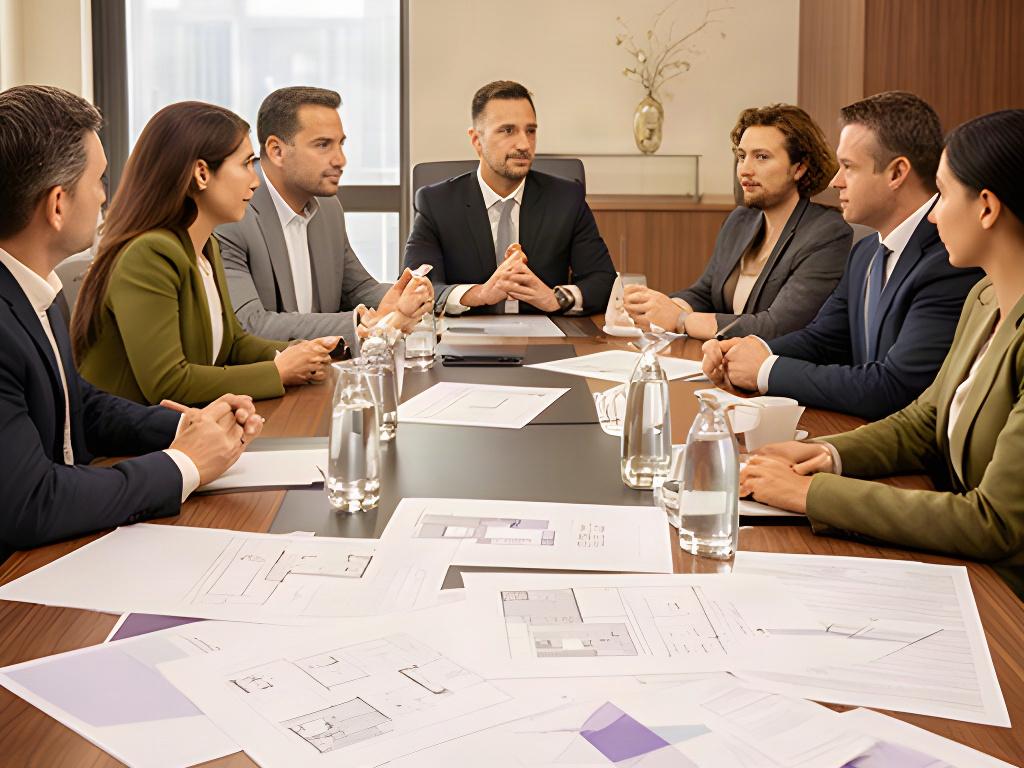 Reunión de socios alrededor de una mesa con planos societarios y documentos de fusión empresarial