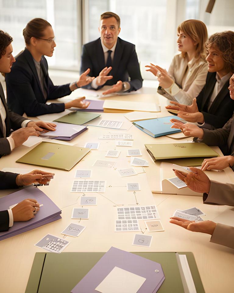 Equipo jurídico reunido alrededor de una mesa revisando el plan de trabajo de un expediente