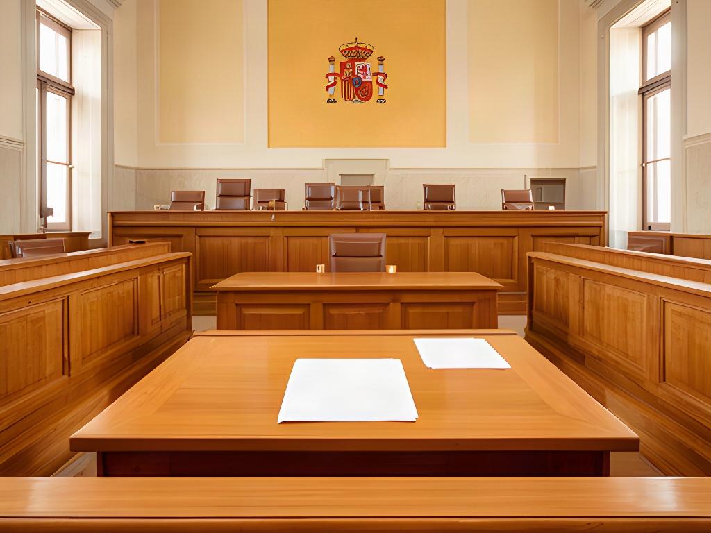 Sala de vistas luminosa con bancos de madera y mesa de abogados preparada para una audiencia