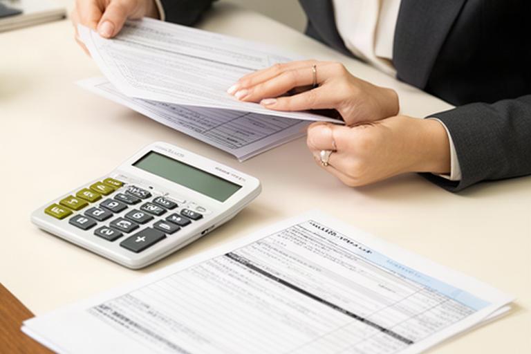 Calculadora y documentos fiscales revisados por una asesora en una oficina jurídica