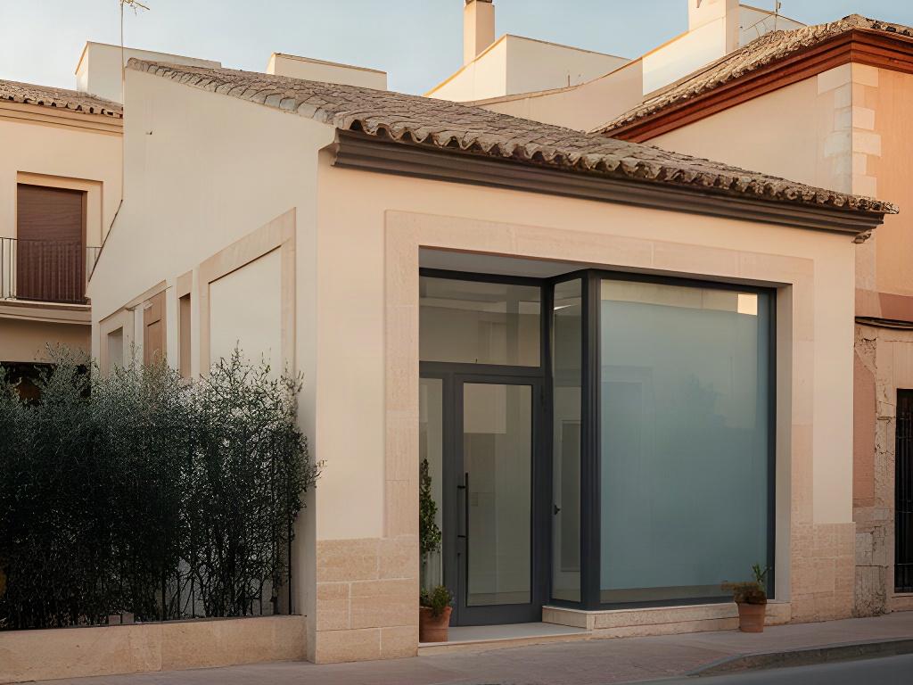 Exterior de un despacho jurídico en una calle tranquila de Algezares, Murcia, con acceso acristalado