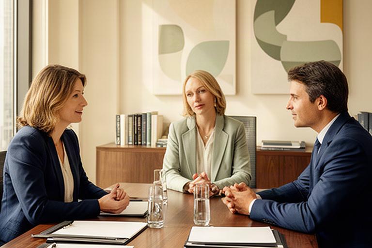 Clientes conversando con profesionales de un despacho jurídico durante una consulta en Murcia